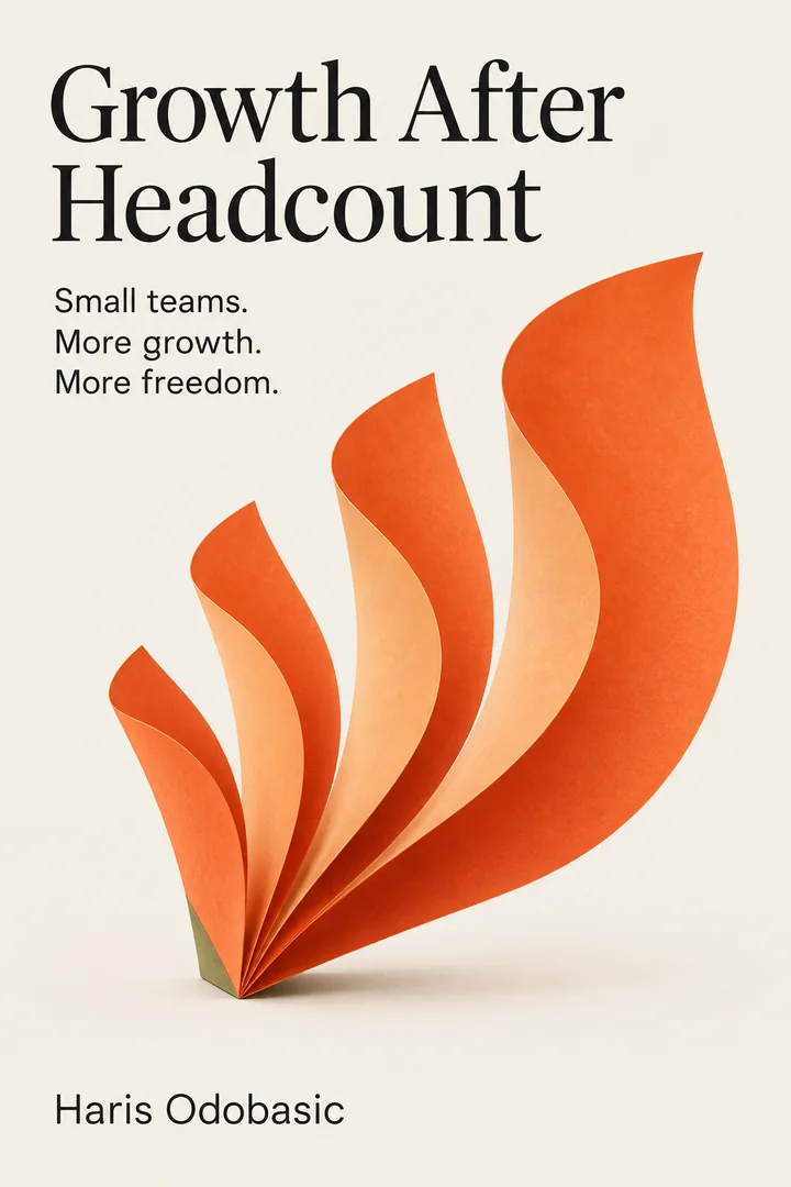Growth After Headcount by Haris Odobasic. Small teams. More growth. More freedom. Cover with an unfolding orange paper sculpture.